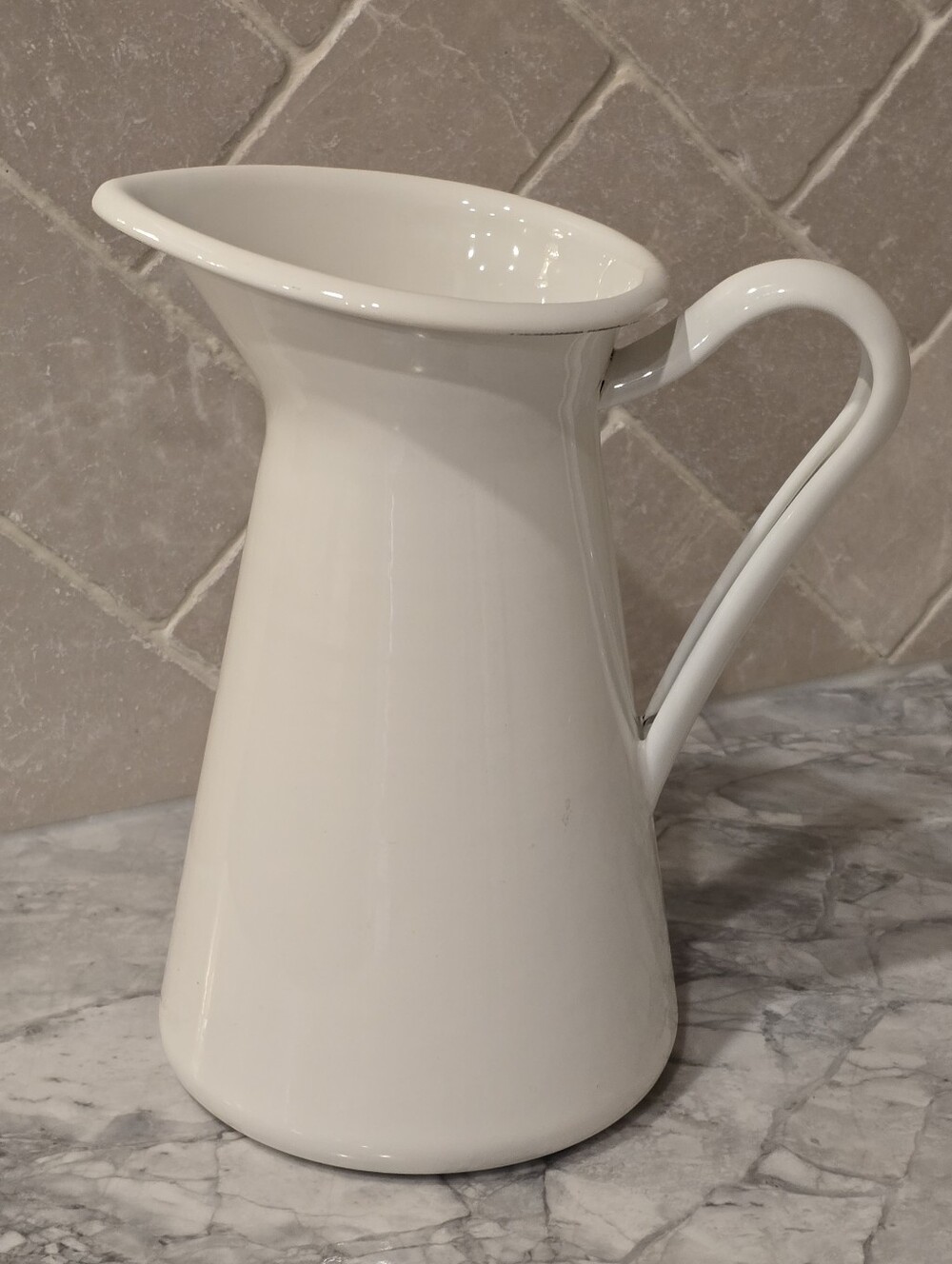 White Enameled Metal Pitcher Coastal Farmhouse